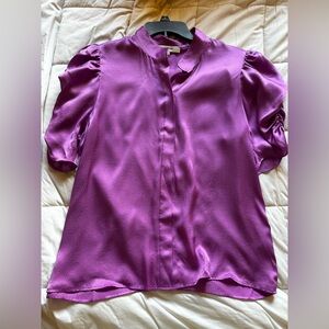 Frame Textured Silk Gillis Blouse Ruched Sleeve Purple